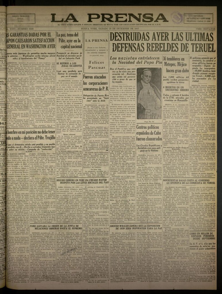 Miniatura de La Prensa: único diario español e hispano americano en Nueva York del 25 de diciembre de 1937, nº 6530