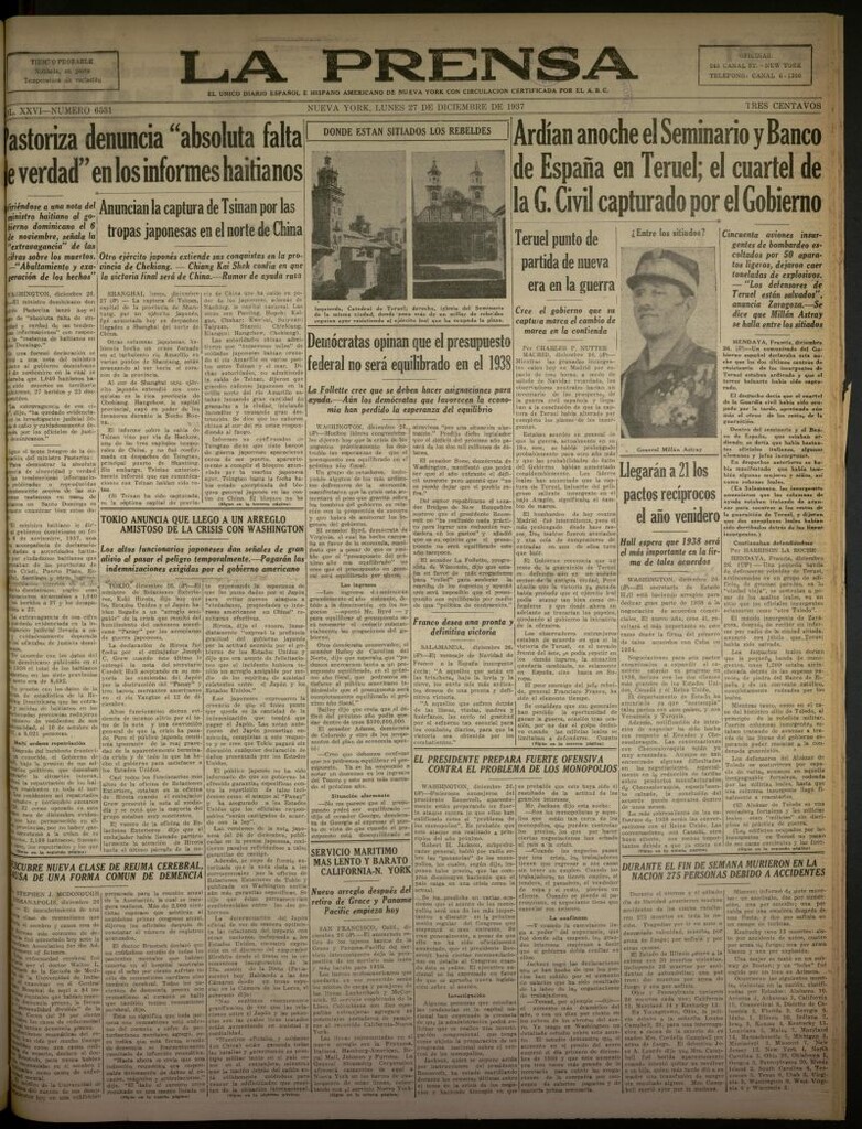 Miniatura de La Prensa: único diario español e hispano americano en Nueva York del 27 de diciembre de 1937, nº 6531