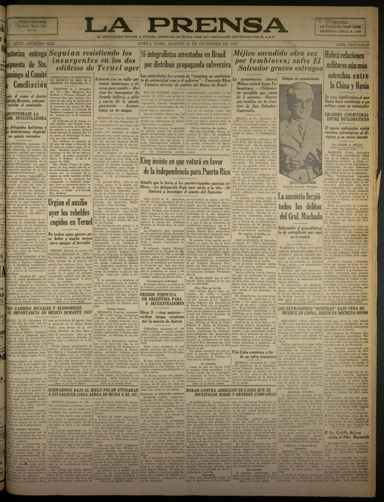 Miniatura de La Prensa: único diario español e hispano americano en Nueva York del 28 de diciembre de 1937, nº 6532