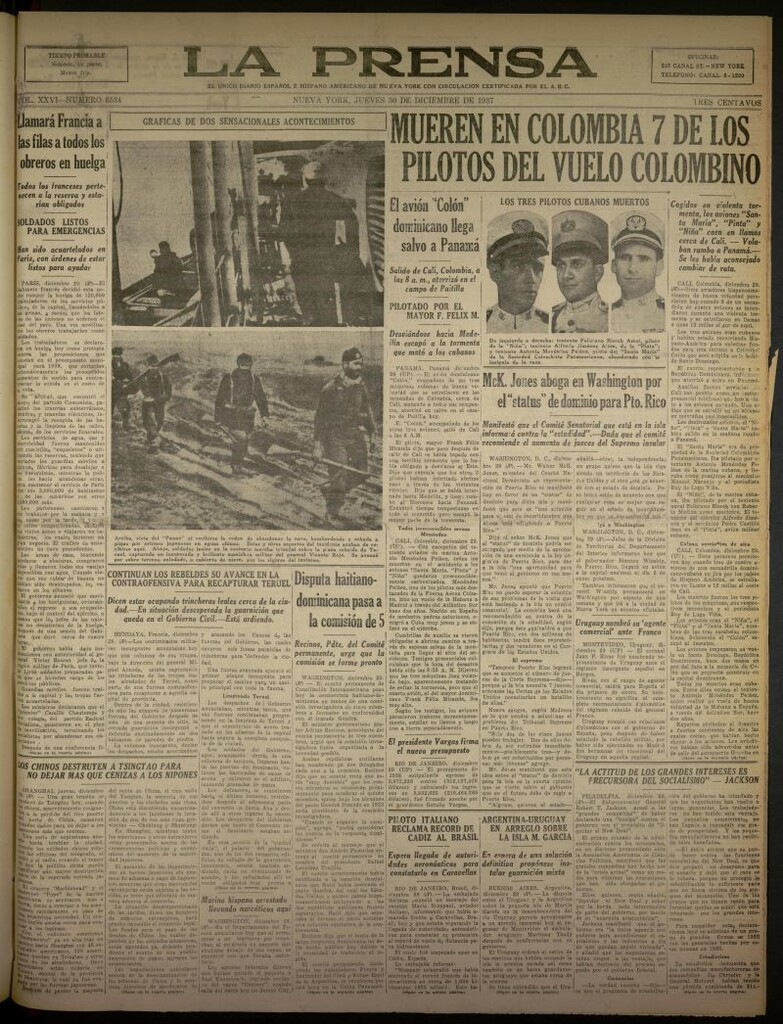 Miniatura de La Prensa: único diario español e hispano americano en Nueva York del 30 de diciembre de 1937, nº 6534