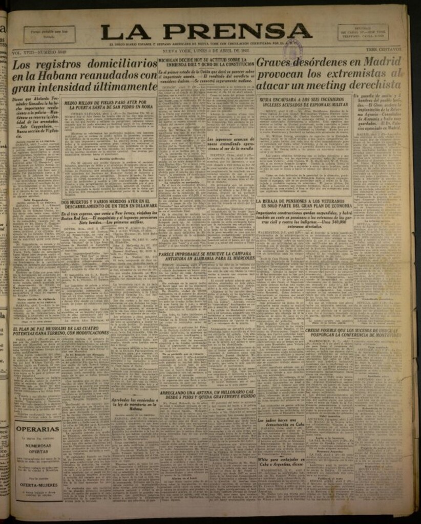 Miniatura de La Prensa: único diario español e hispano americano en Nueva York del 3 de abril de 1933, nº 5049
