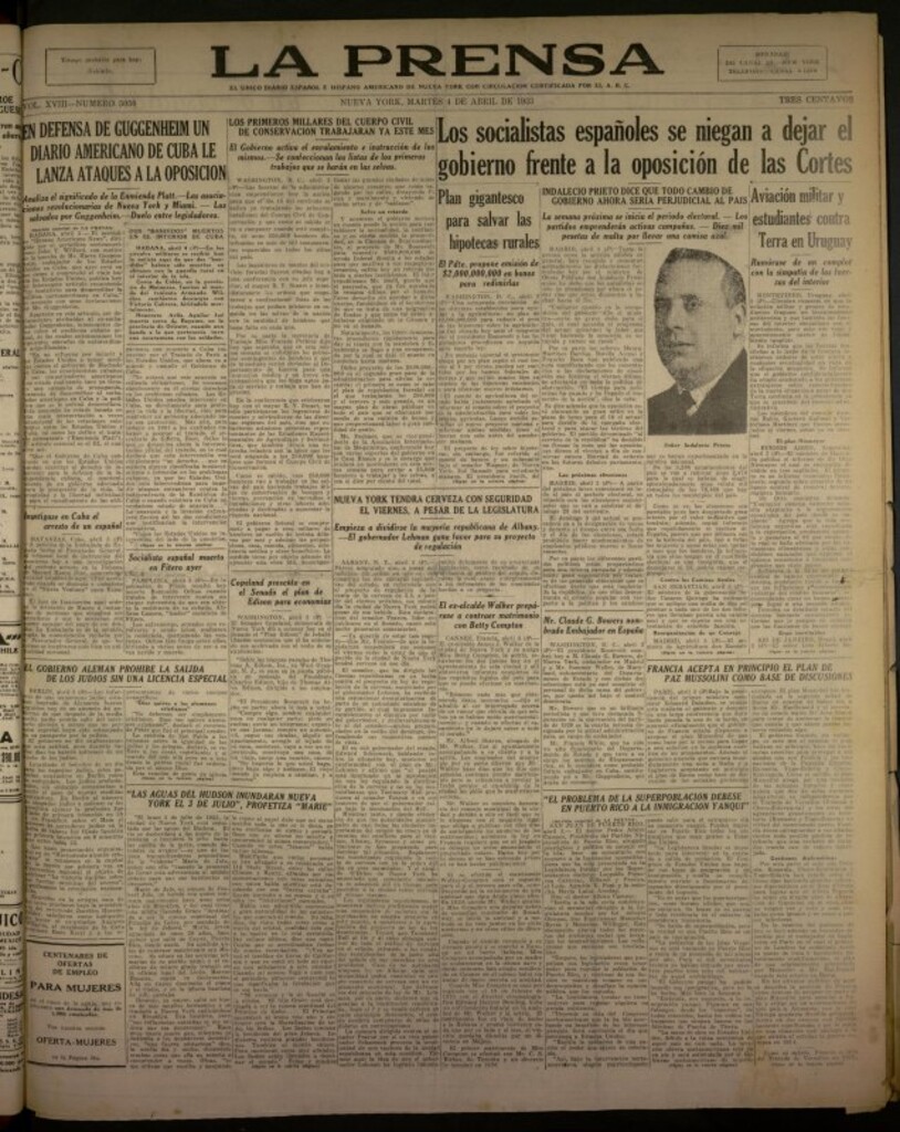 Miniatura de La Prensa: único diario español e hispano americano en Nueva York del 4 de abril de 1933, nº 5050