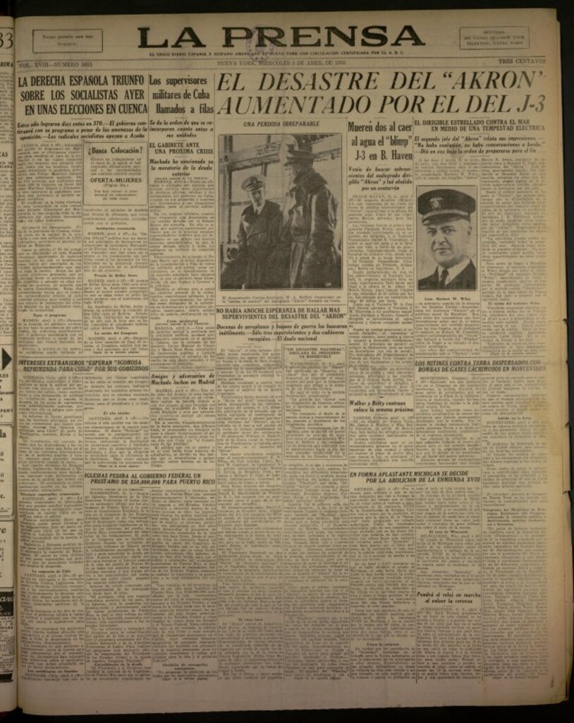 Miniatura de La Prensa: único diario español e hispano americano en Nueva York del 5 de abril de 1933, nº 5051