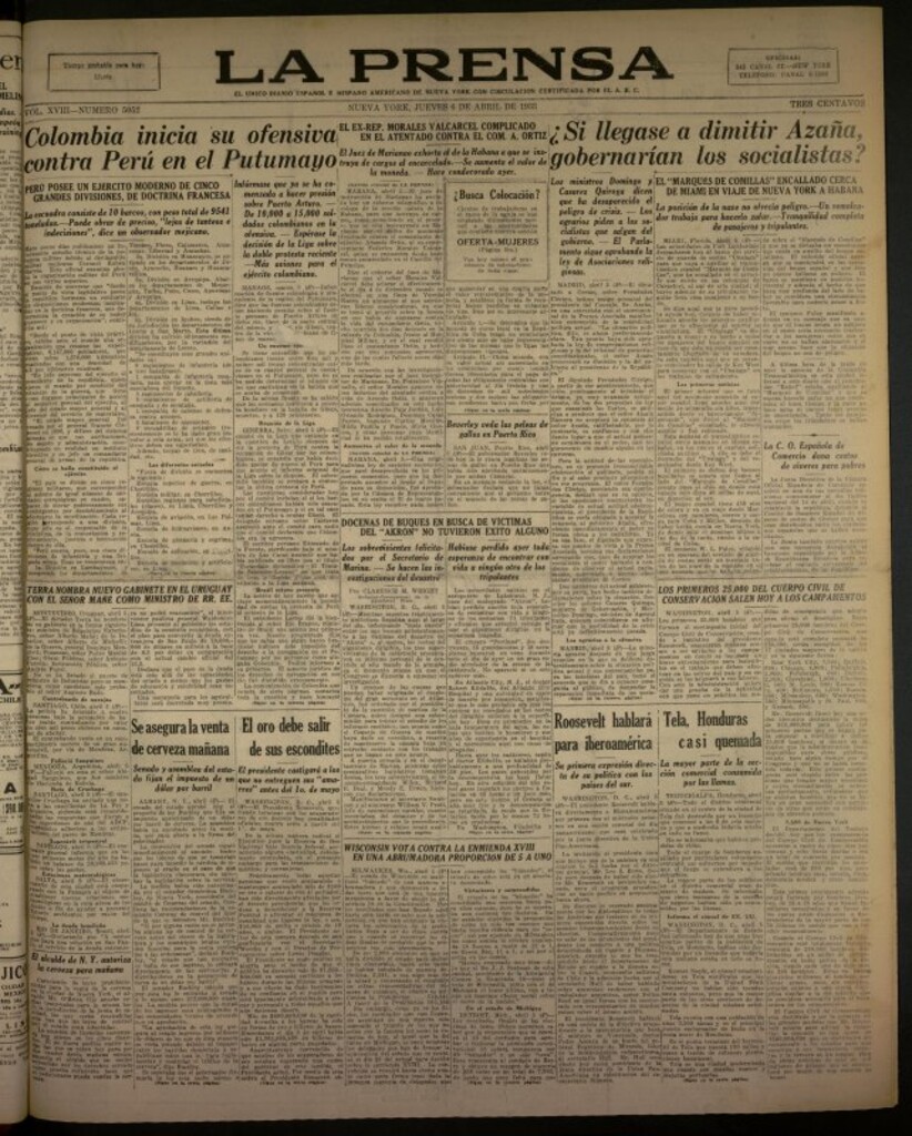 Miniatura de La Prensa: único diario español e hispano americano en Nueva York del 6 de abril de 1933, nº 5052