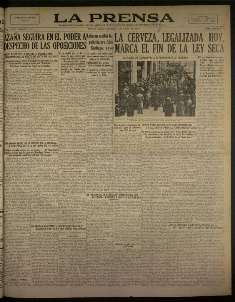Miniatura de La Prensa: único diario español e hispano americano en Nueva York del 7 de abril de 1933, nº 5053