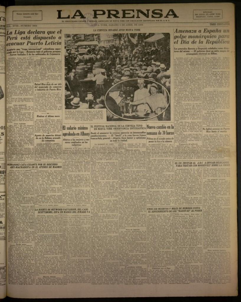 Miniatura de La Prensa: único diario español e hispano americano en Nueva York del 8 de abril de 1933, nº 5054