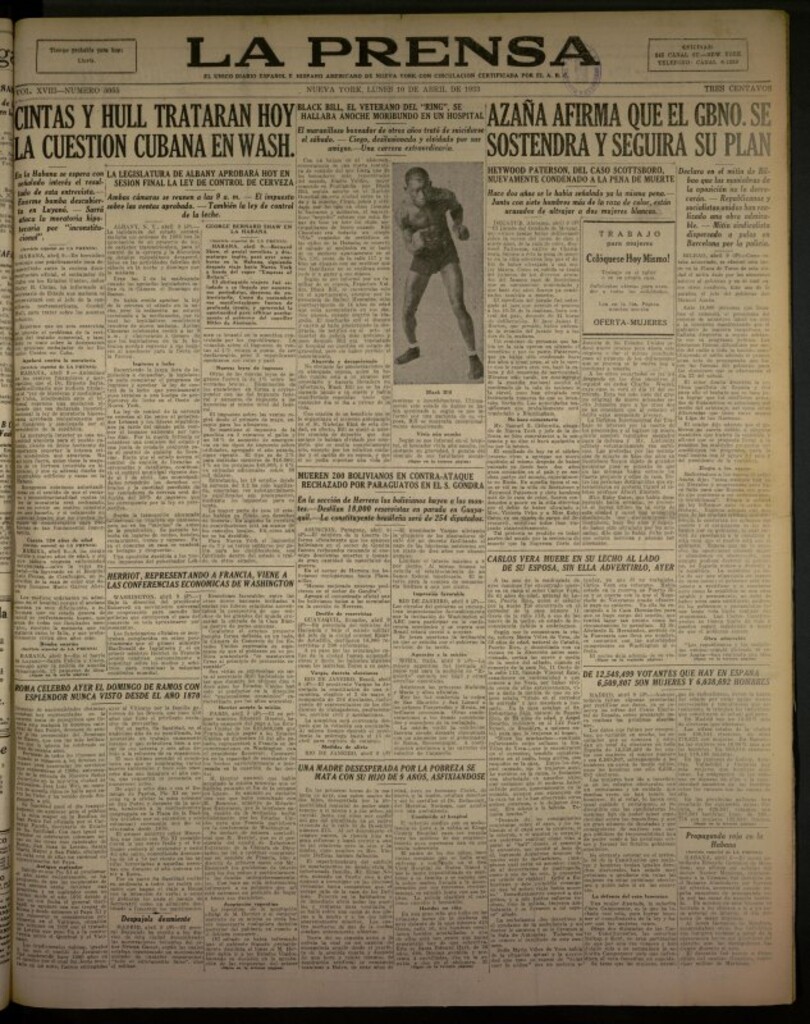 Miniatura de La Prensa: único diario español e hispano americano en Nueva York del 10 de abril de 1933, nº 5055