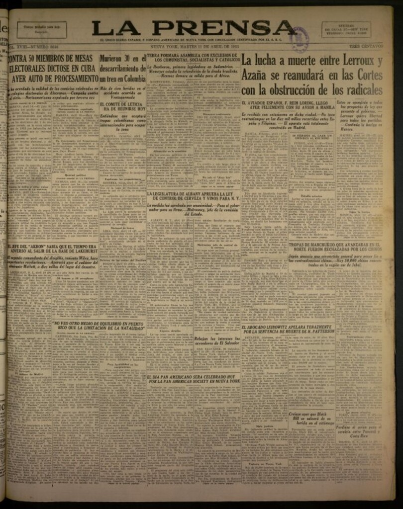Miniatura de La Prensa: único diario español e hispano americano en Nueva York de 11 de abril de 1933, nº 5056