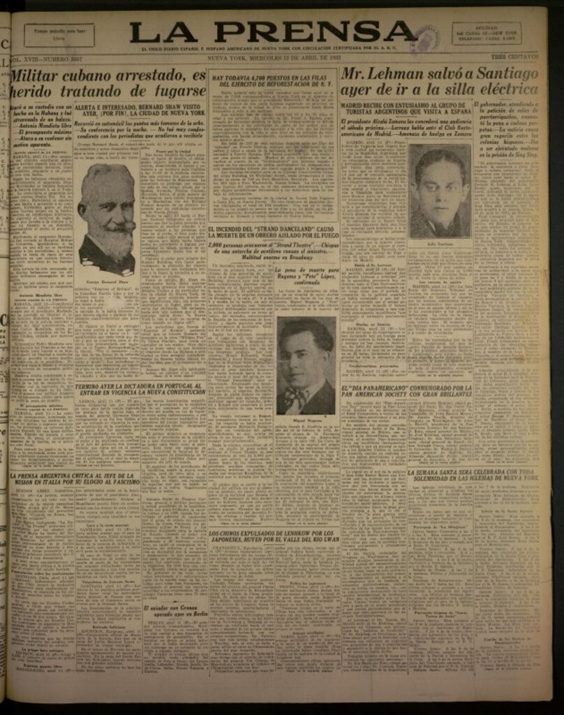 Miniatura de La Prensa: único diario español e hispano americano en Nueva York del 12 de abril de 1933, nº 5057