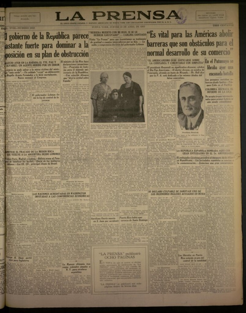 Miniatura de La Prensa: único diario español e hispano americano en Nueva York del 13 de abril de 1933, nº 5058