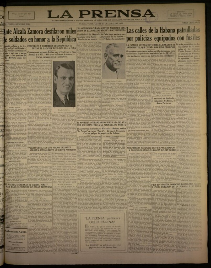 Miniatura de La Prensa: único diario español e hispano americano en Nueva York del 17 de abril de 1933, nº 5061