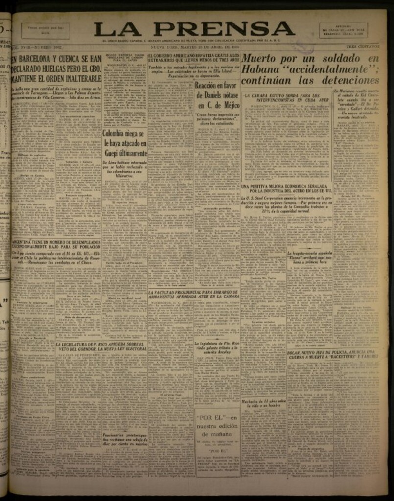 Miniatura de La Prensa: único diario español e hispano americano en Nueva York del 18 de abril de 1933, nº 5062