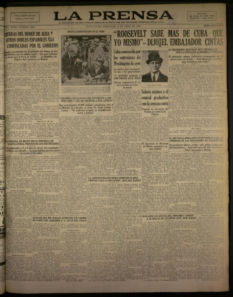 Miniatura de La Prensa: único diario español e hispano americano en Nueva York del 19 de abril de 1933, nº 5063