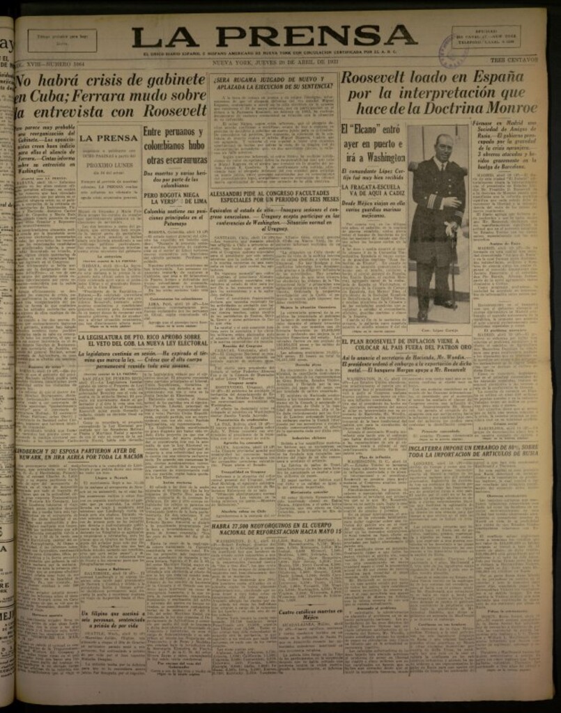 Miniatura de La Prensa: único diario español e hispano americano en Nueva York del 20 de abril de 1933, nº 5064