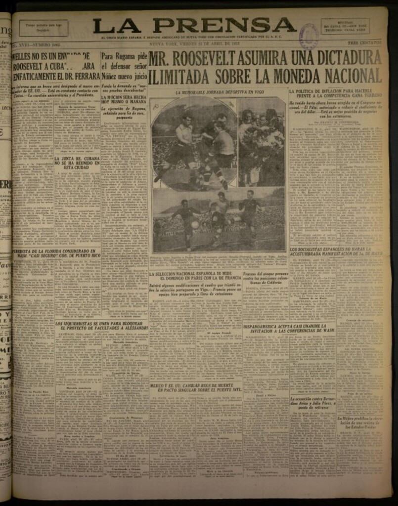 Miniatura de La Prensa: único diario español e hispano americano en Nueva York del 21 de abril de 1933, nº 5065
