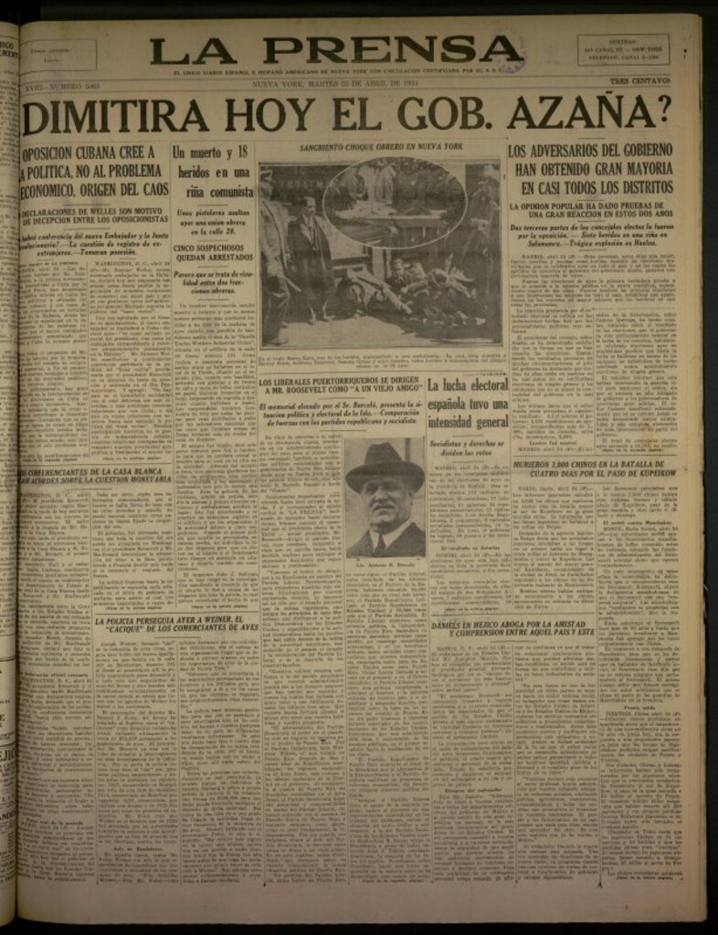 Miniatura de La Prensa: único diario español e hispano americano en Nueva York del 25 de abril de 1933, nº 5068