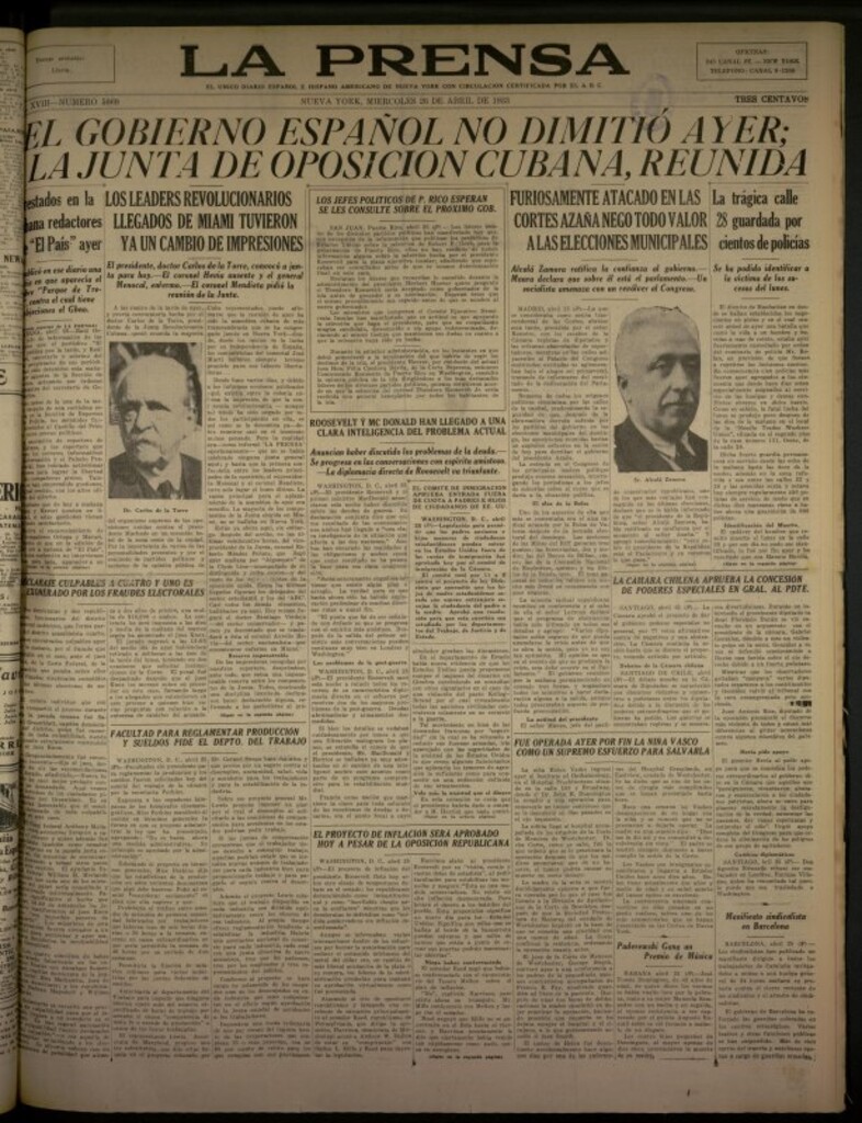 Miniatura de La Prensa: único diario español e hispano americano en Nueva York del 26 de abril de 1933, nº 5069