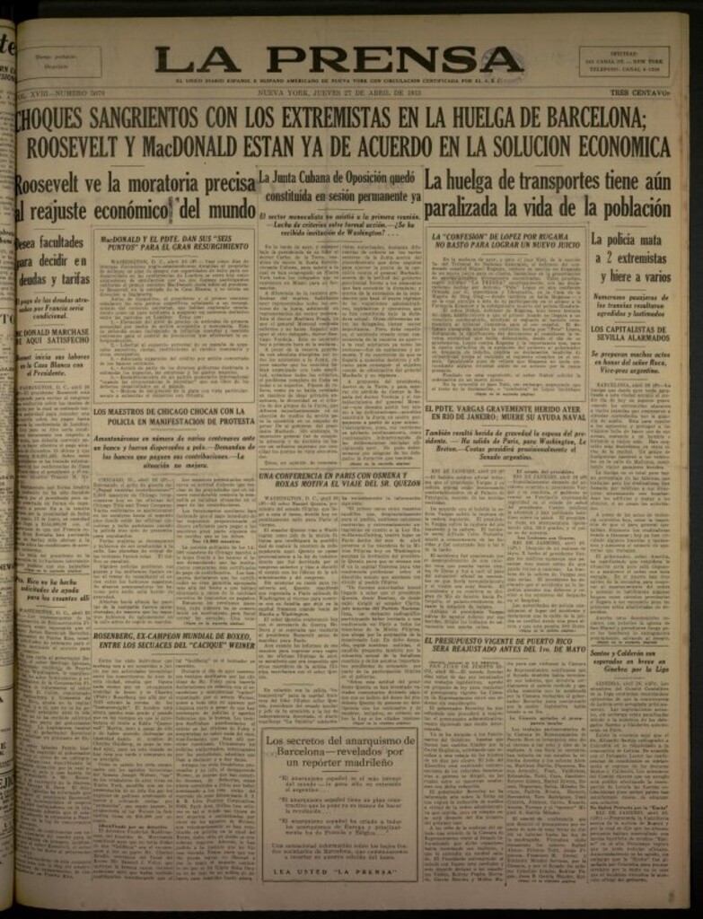 Miniatura de La Prensa: único diario español e hispano americano en Nueva York del 27 de abril de 1933, nº 5070