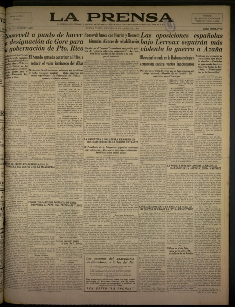 Miniatura de La Prensa: único diario español e hispano americano en Nueva York del 28 de abril de 1933, nº 5071
