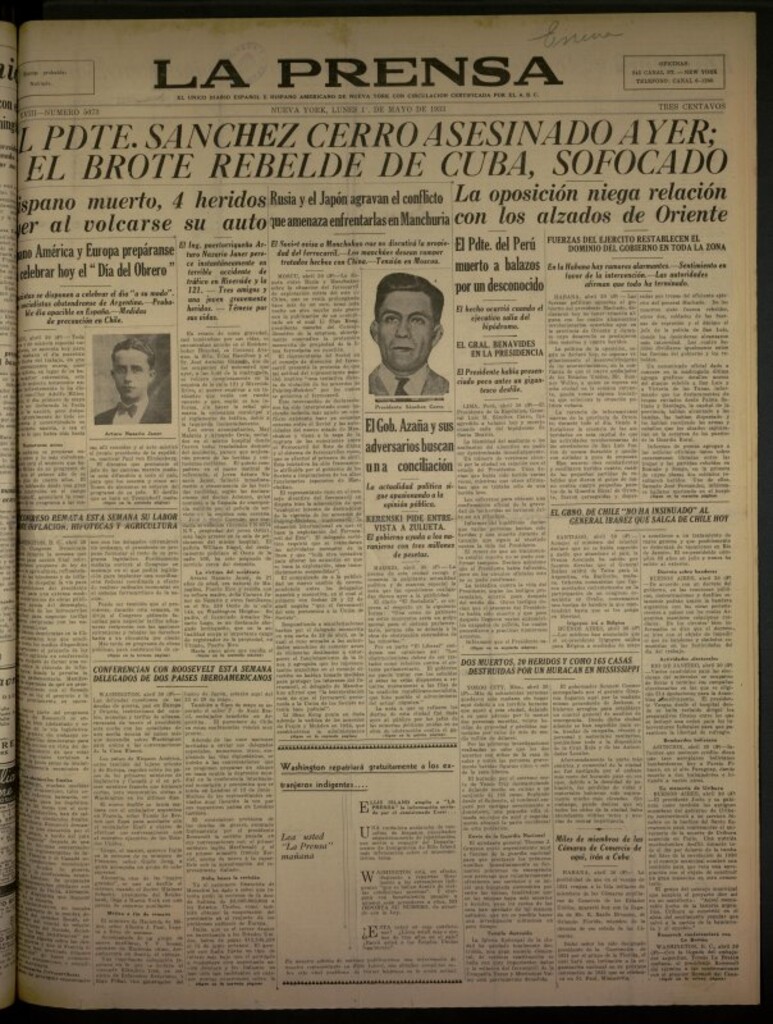 Miniatura de La Prensa: único diario español e hispano americano en Nueva York del 1 de mayo de 1933, nº 5073