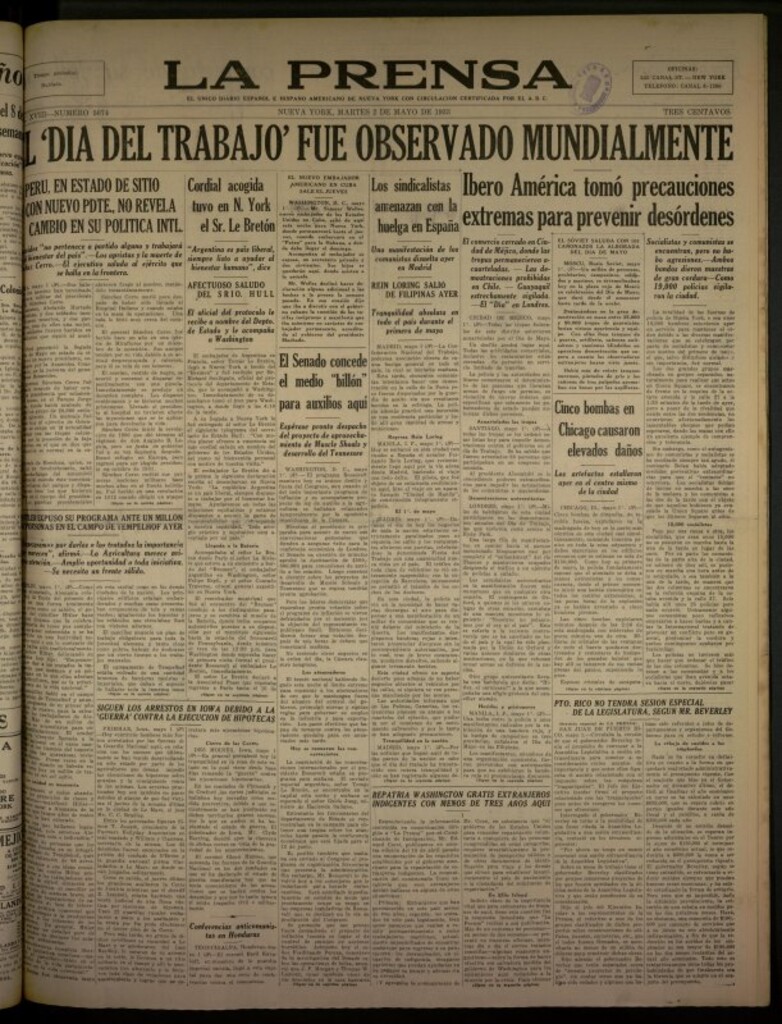 Miniatura de La Prensa: único diario español e hispano americano en Nueva York del 2 de mayo de 1933, nº 5074