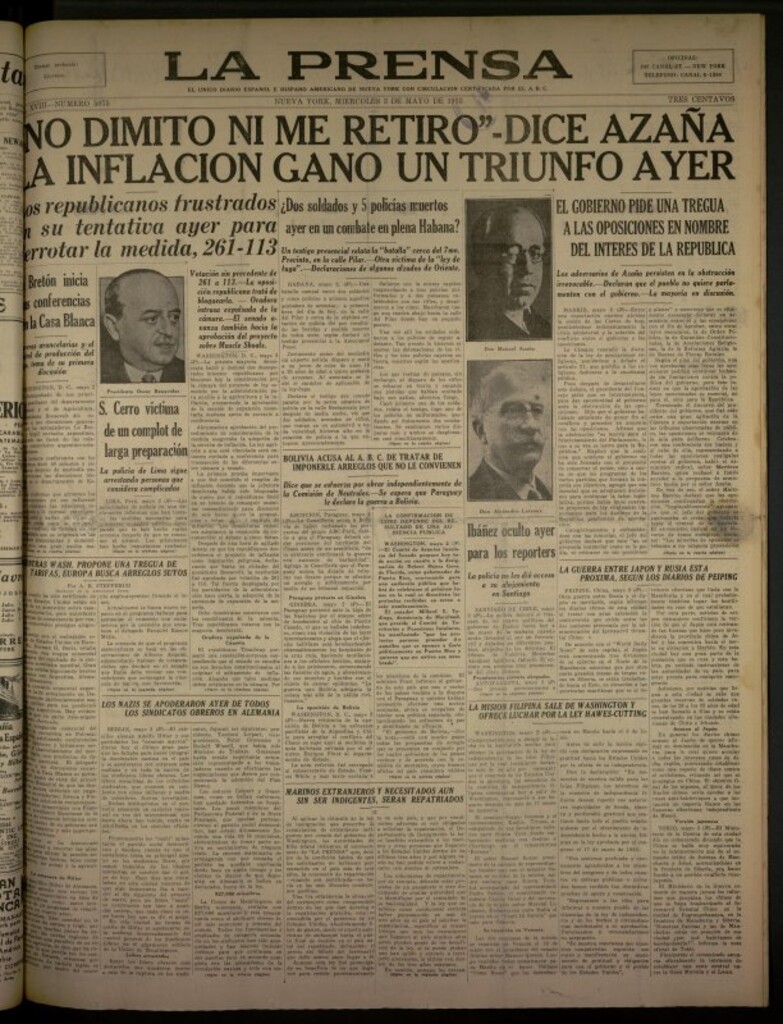 Miniatura de La Prensa: único diario español e hispano americano en Nueva York del 3 de mayo de 1933, nº 5075