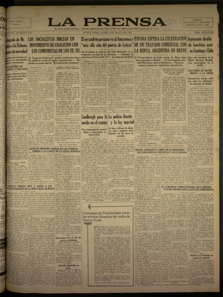 Miniatura de La Prensa: único diario español e hispano americano en Nueva York del 8 de mayo de 1933, nº 5079