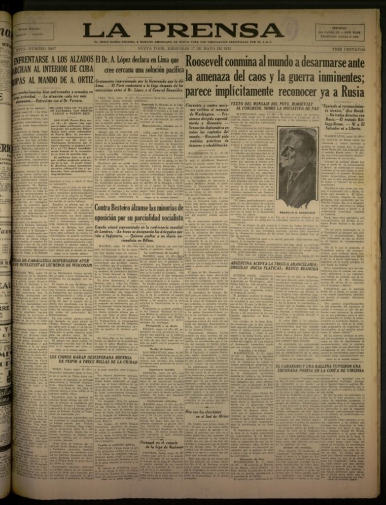 Miniatura de La Prensa: único diario español e hispano americano en Nueva York del 17 de mayo de 1933, nº 5087