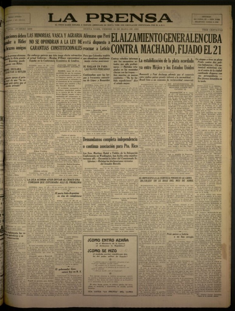 Miniatura de La Prensa: único diario español e hispano americano en Nueva York del 19 de mayo de 1933, nº 5089