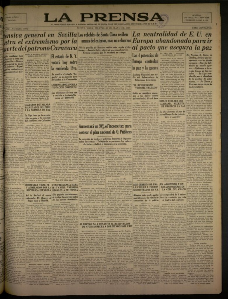 Miniatura de La Prensa: único diario español e hispano americano en Nueva York del 23 de mayo de 1933, nº 5092