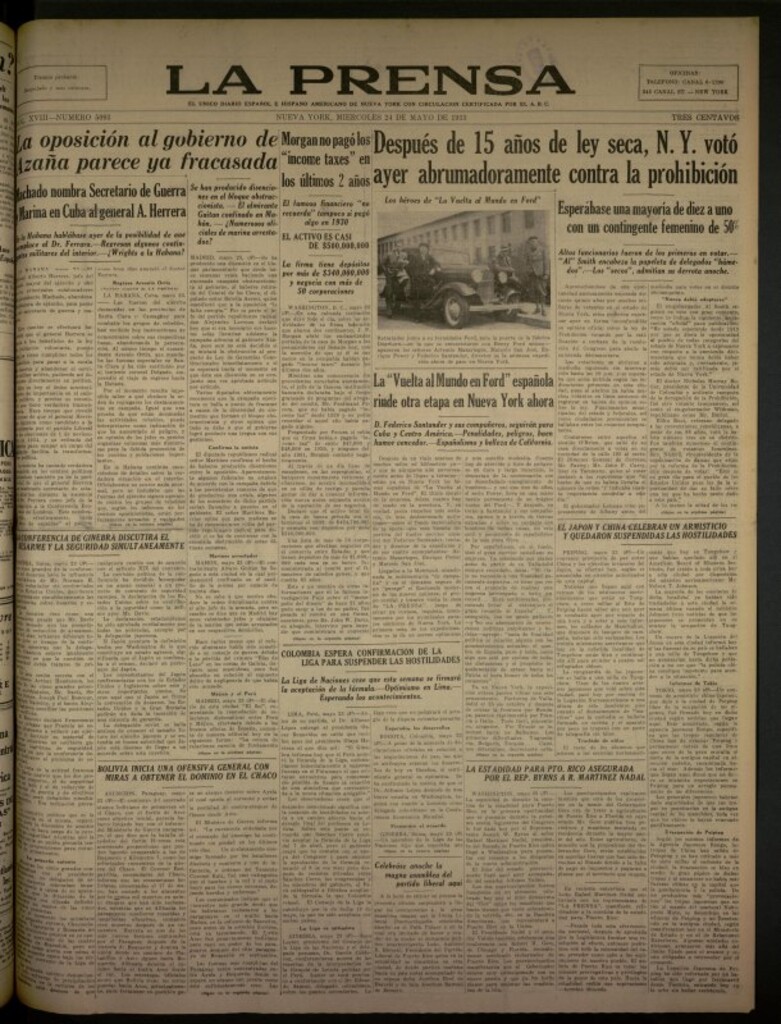 Miniatura de La Prensa: único diario español e hispano americano en Nueva York del 24 de mayo de 1933, nº 5093