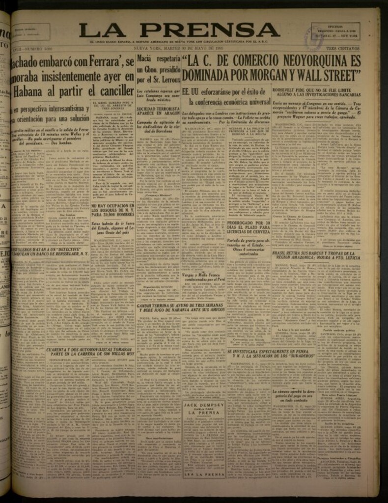 Miniatura de La Prensa: único diario español e hispano americano en Nueva York del 30 de mayo de 1933, nº 5098