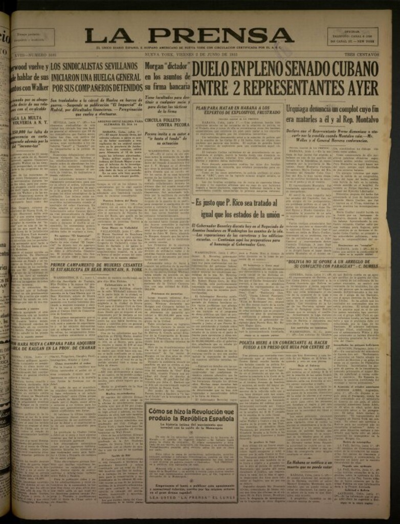 Miniatura de La Prensa: único diario español e hispano americano en Nueva York del 2 de junio de 1933, nº 5101