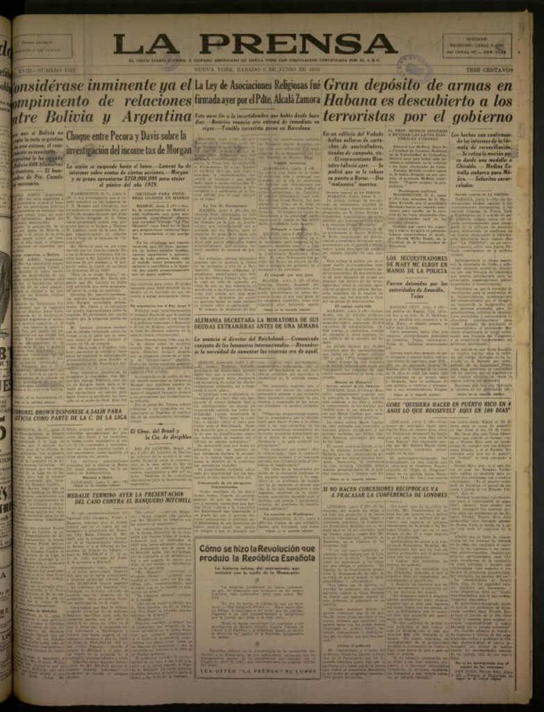 Miniatura de La Prensa: único diario español e hispano americano en Nueva York del 3 de junio de 1933, nº 5102
