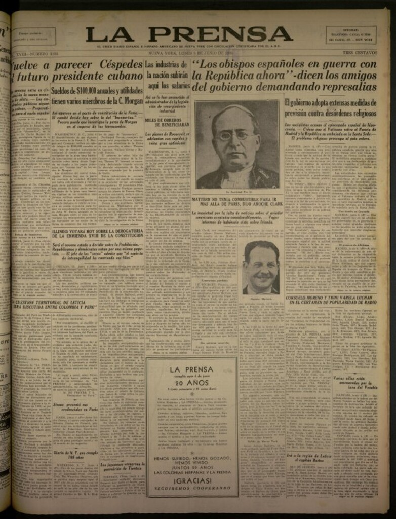 Miniatura de La Prensa: único diario español e hispano americano en Nueva York del 5 de junio de 1933, nº 5103