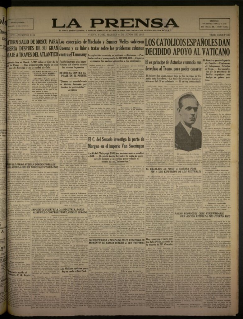 Miniatura de La Prensa: único diario español e hispano americano en Nueva York del 6 de junio de 1933, nº 5104