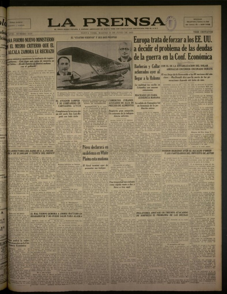 Miniatura de La Prensa: único diario español e hispano americano en Nueva York del 13 de junio de 1933, nº 5110