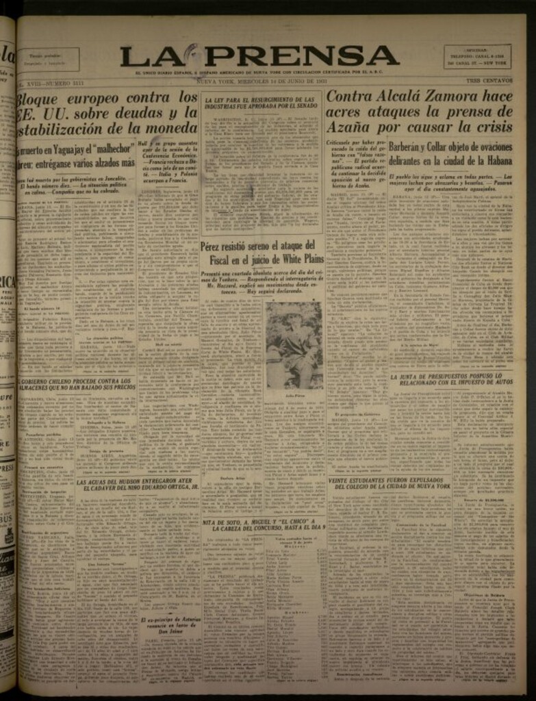 Miniatura de La Prensa: único diario español e hispano americano en Nueva York del 14 de junio de 1933, nº 5111
