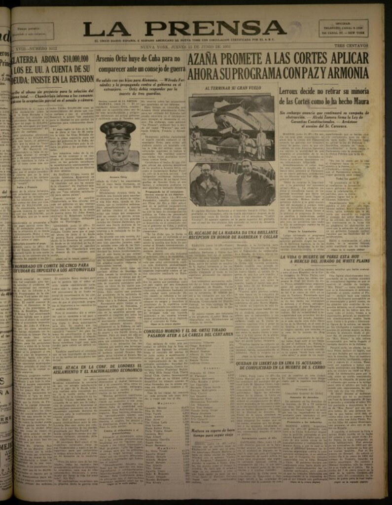 Miniatura de La Prensa: único diario español e hispano americano en Nueva York del 15 de junio de 1933, nº 5112