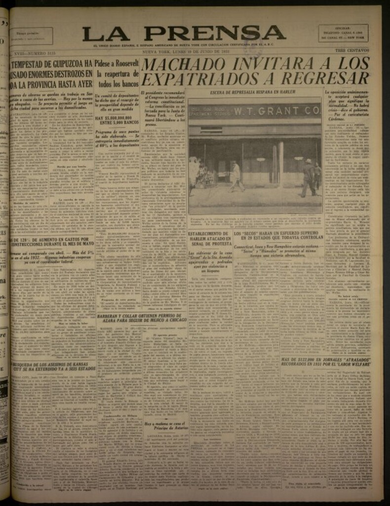 Miniatura de La Prensa: único diario español e hispano americano en Nueva York del 19 de junio de 1933, nº 5115