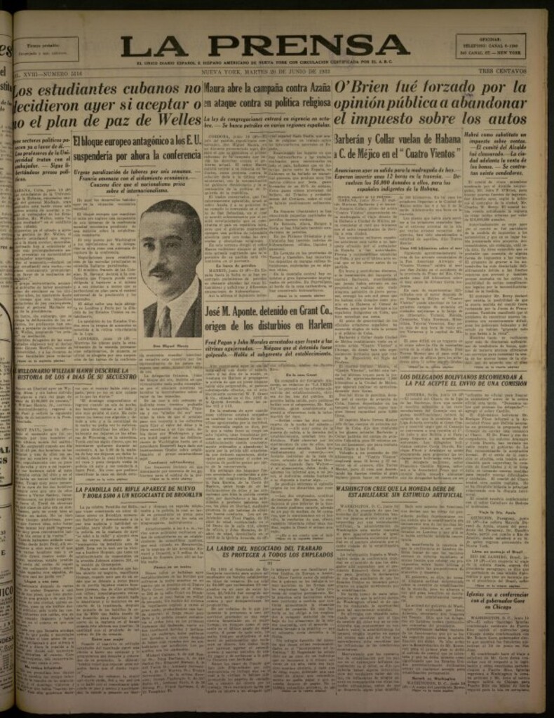 Miniatura de La Prensa: único diario español e hispano americano en Nueva York del 20 de junio de 1933, nº 5116