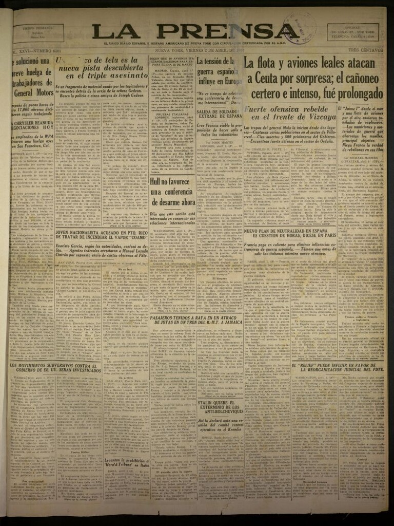 Miniatura de La Prensa: único diario español e hispano americano en Nueva York del 2 de abril de 1937, nº 6301
