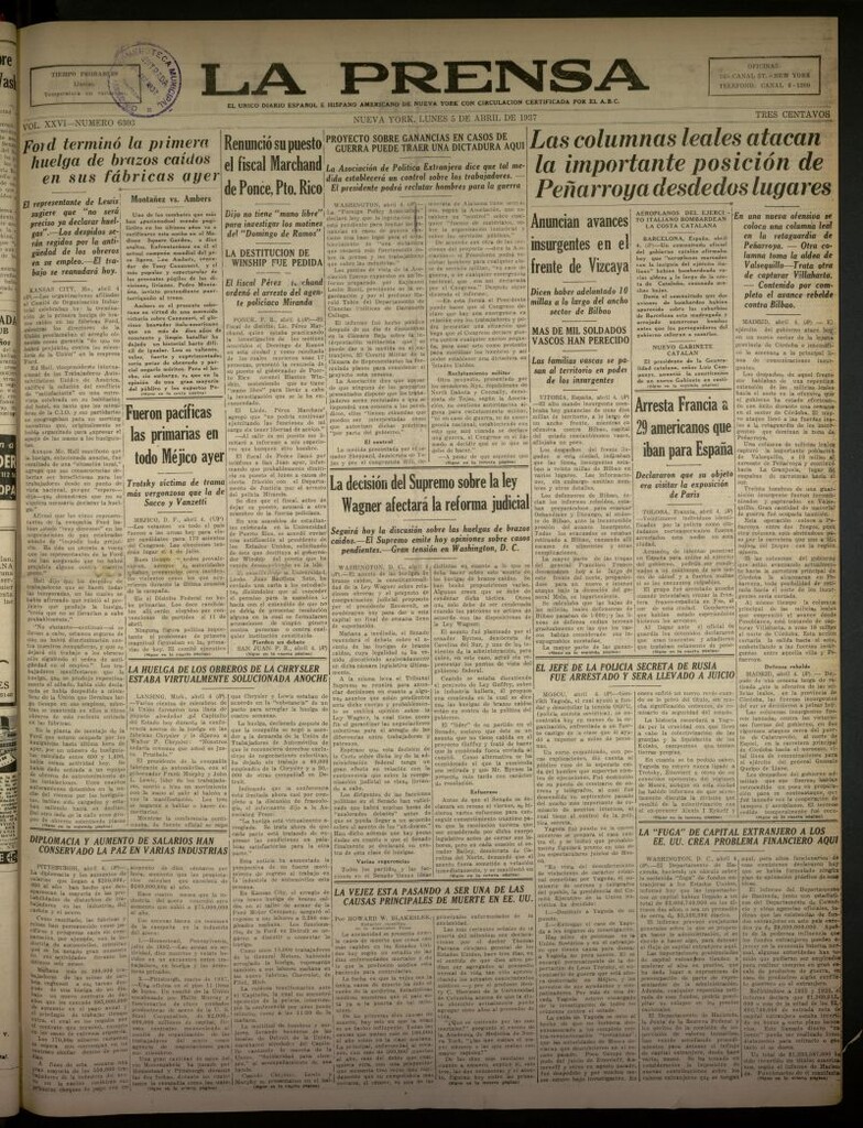 Miniatura de La Prensa: único diario español e hispano americano en Nueva York del 5 de abril de 1937, nº 6303