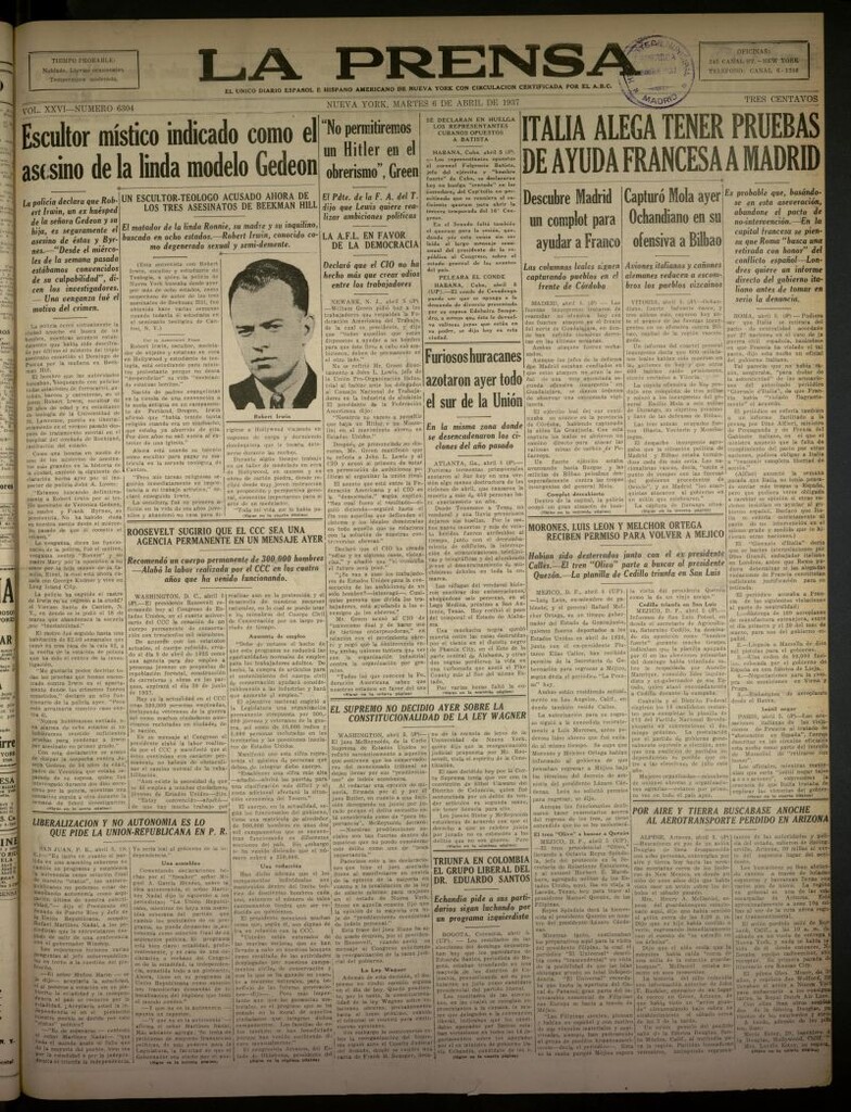 Miniatura de La Prensa: único diario español e hispano americano en Nueva York del 6 de abril de 1937, nº 6304
