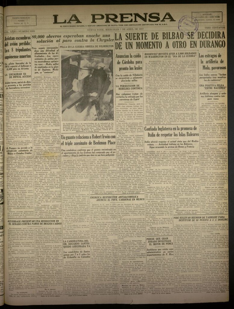 Miniatura de La Prensa: único diario español e hispano americano en Nueva York del 7 de abril de 1937, nº 6305