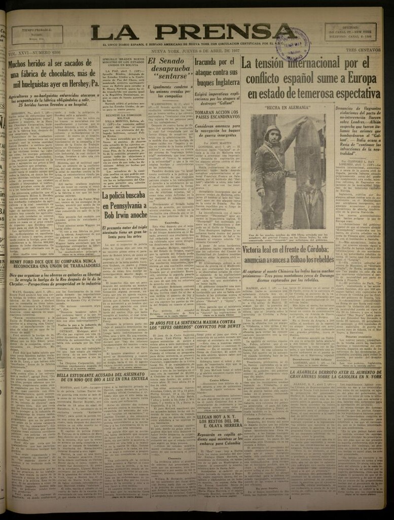 Miniatura de La Prensa: único diario español e hispano americano en Nueva York del 8 de abril de 1937, nº 6306
