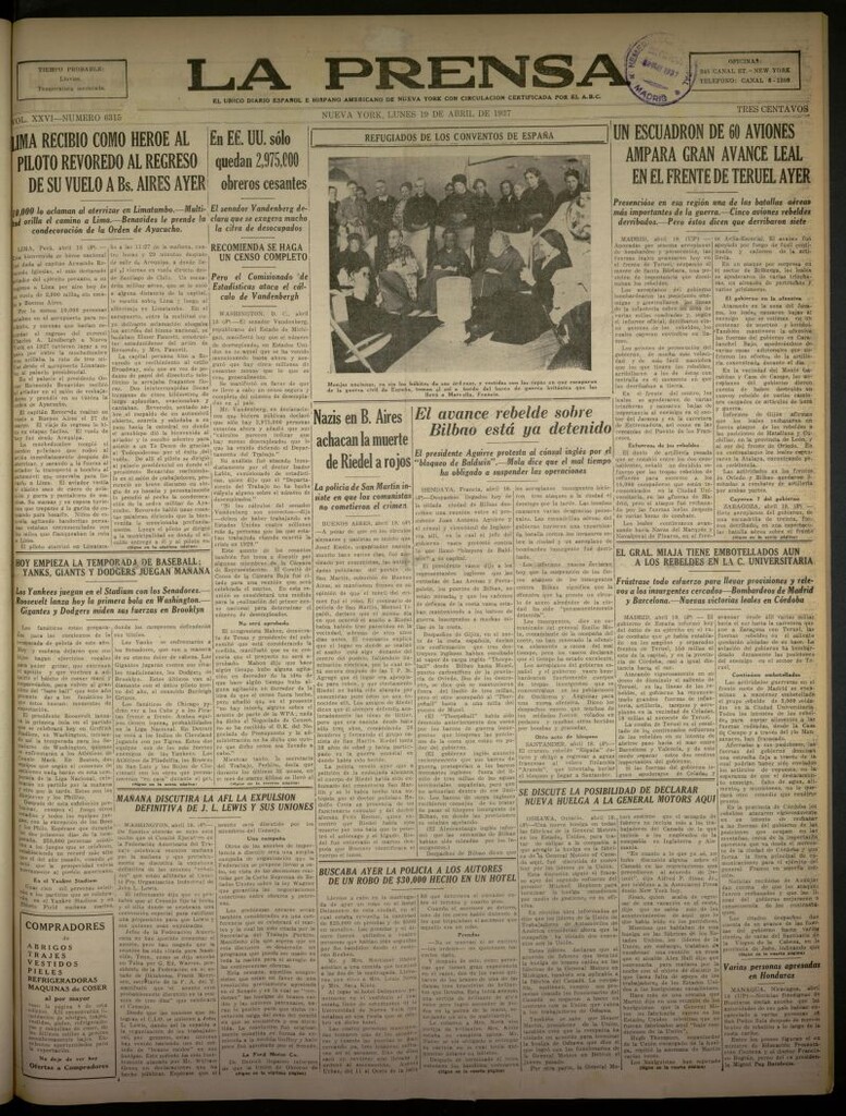 Miniatura de La Prensa: único diario español e hispano americano en Nueva York del 19 de abril de 1937, nº 6315