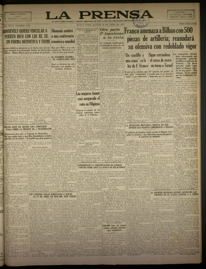 Miniatura de La Prensa: único diario español e hispano americano en Nueva York del 20 de abril de 1937, nº 6316