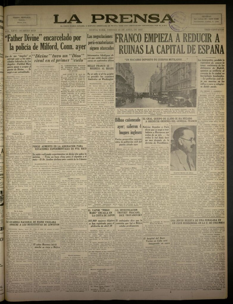 Miniatura de La Prensa: único diario español e hispano americano en Nueva York del 23 de abril de 1937, nº 6319
