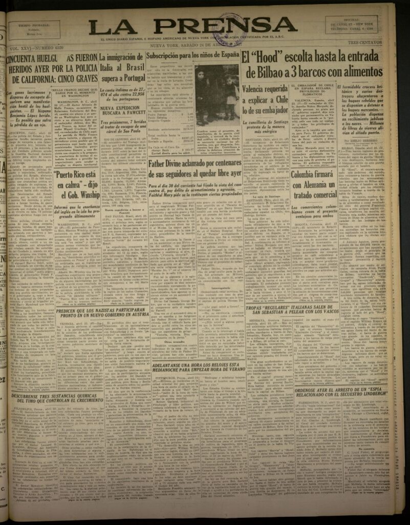 Miniatura de La Prensa: único diario español e hispano americano en Nueva York del 24 de abril de 1937, nº 6320